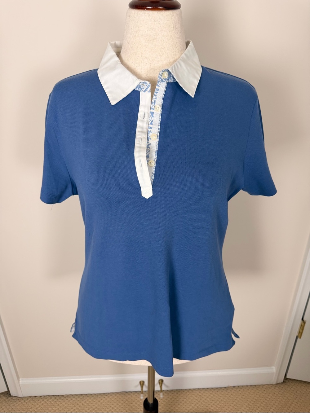 Brooks Brothers Blue Stretch Pique Polo Shirt White Contrast Collar Women’s XL